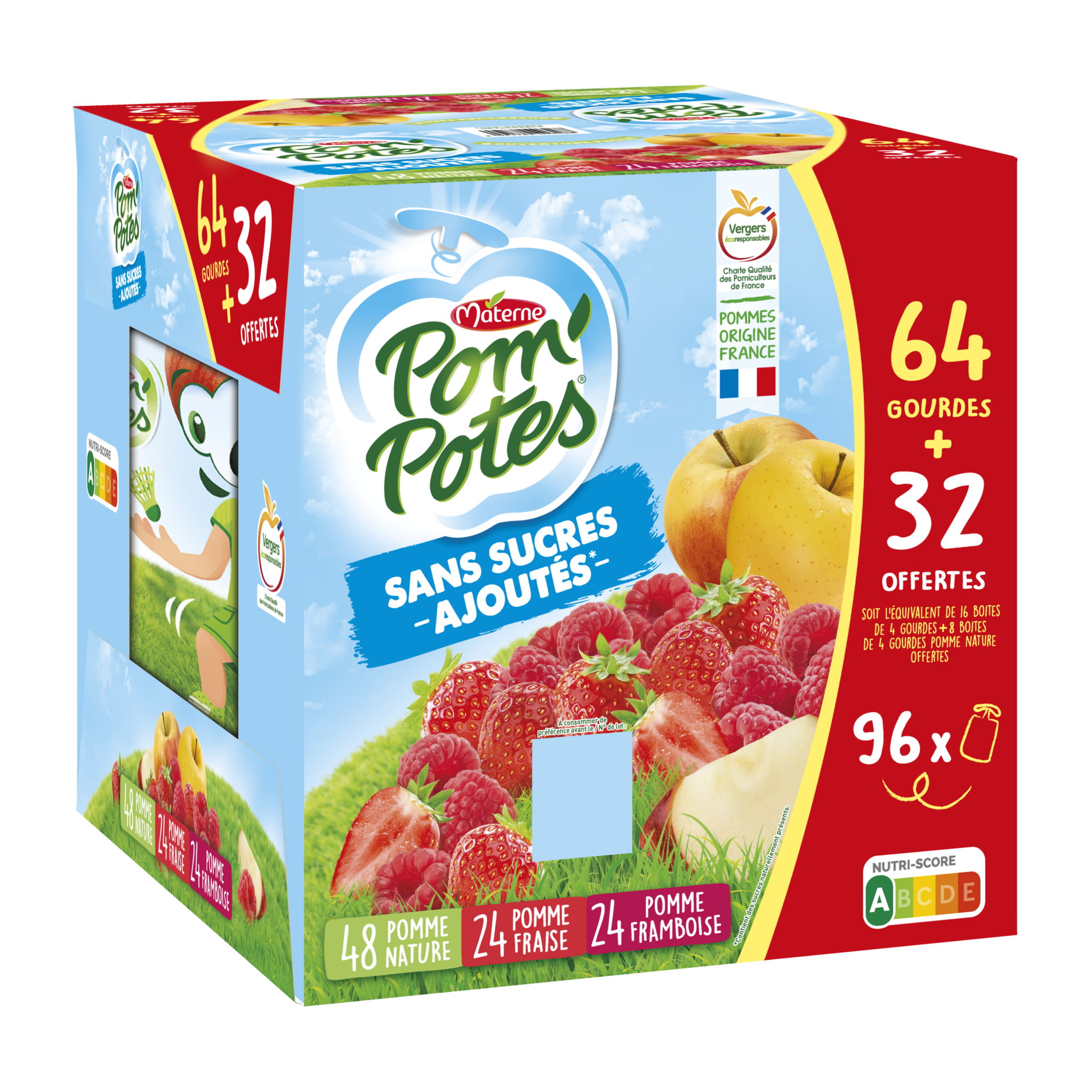 POM'POTES Gourde compote de pomme pomme fraise et pomme framboise sans  sucres ajoutés 64+32 offertes 96x90g pas cher 