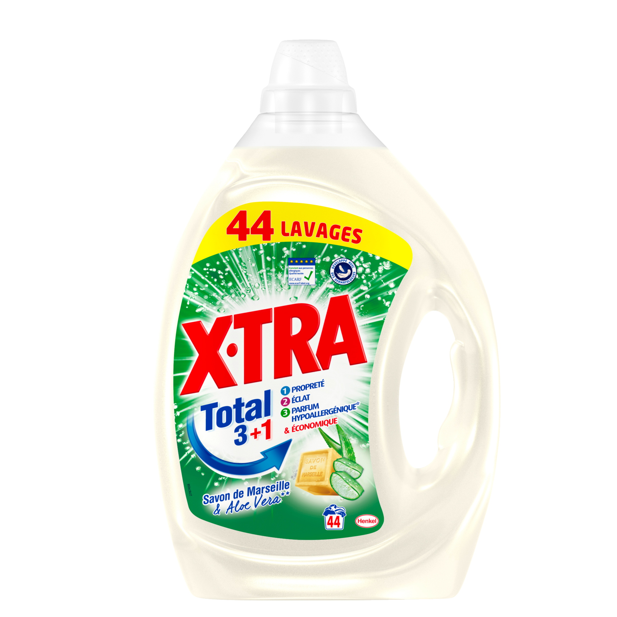 X-TRA Total Lessive liquide au savon de Marseille et aloe vera 44 lavages  2.2l pas cher 