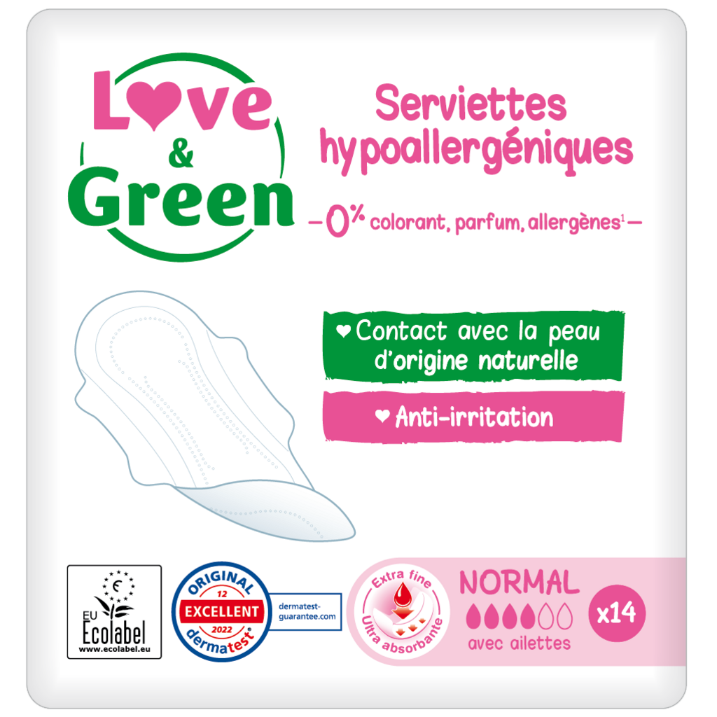 LOVE & GREEN Serviettes hygiéniques écologiques avec ailettes normal 14  serviettes pas cher 