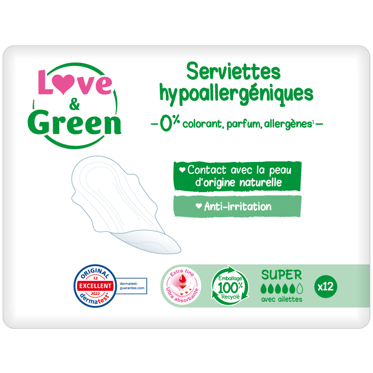 LOVE & GREEN Serviettes hygiéniques écologiques avec ailettes super 12 serviettes