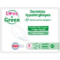 LOVE ET GREEN Serviettes hygiéniques écologiques avec ailettes super 12 serviettes