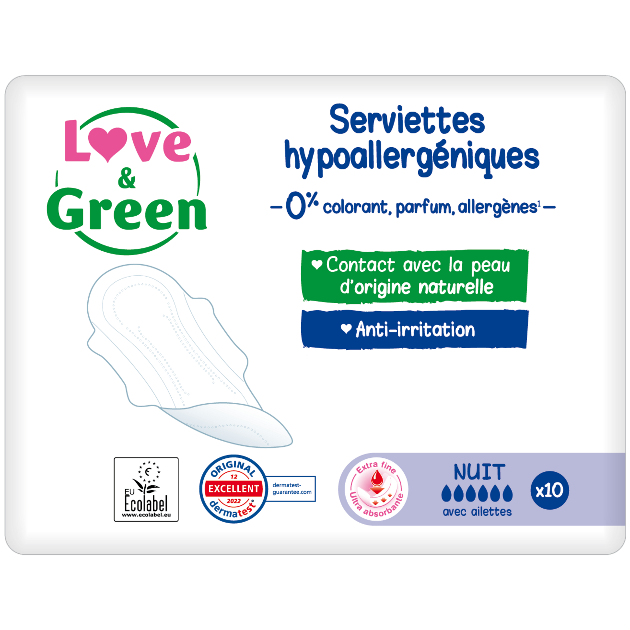 LOVE & GREEN Serviettes hygiéniques écologiques avec ailettes normal 14  serviettes pas cher 