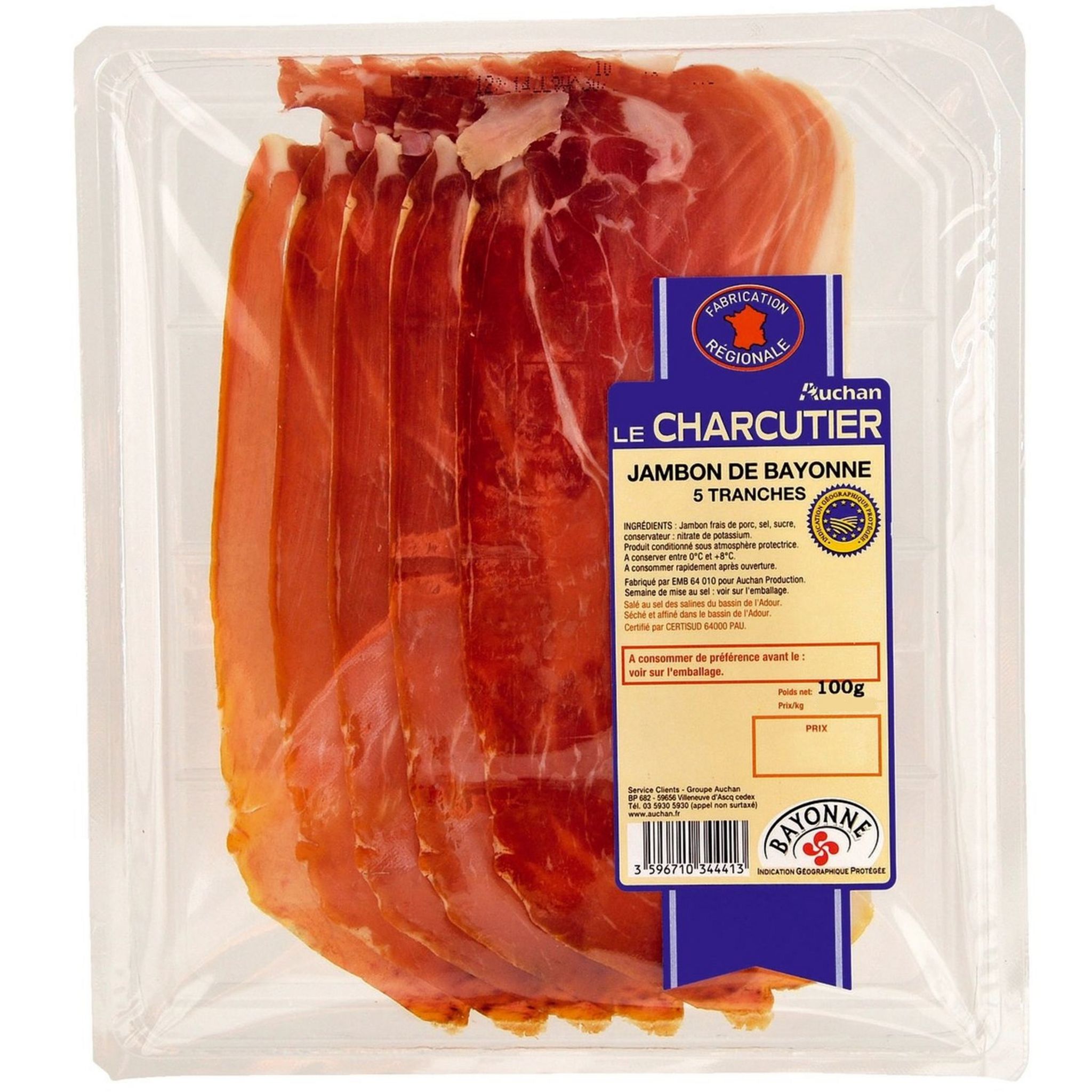 AUCHAN TERROIR Jambon de Bayonne IGP 10 tranches 200g pas cher 