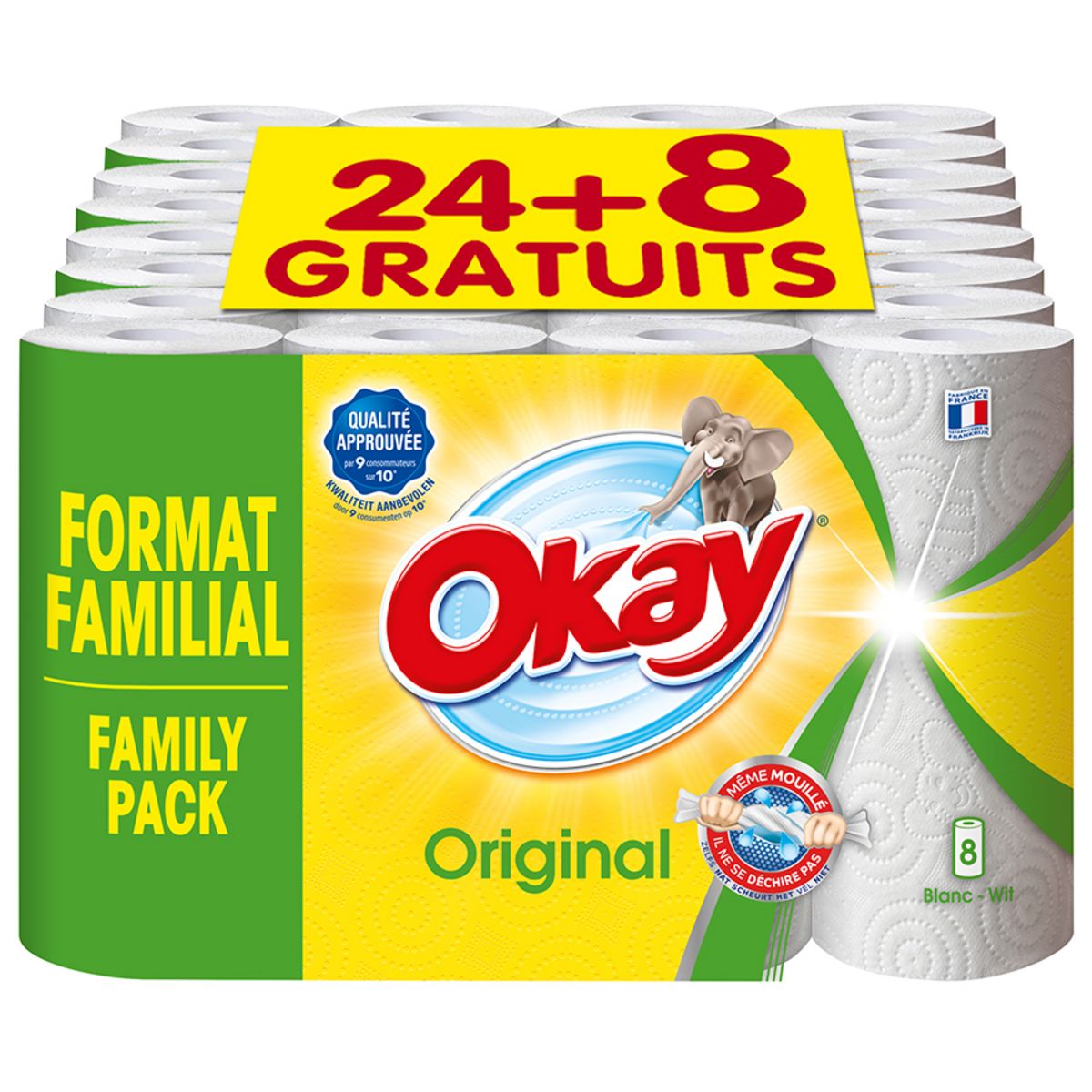 OKAY Essuie-tout blanc rouleaux x24 + 8 offerts pas cher 