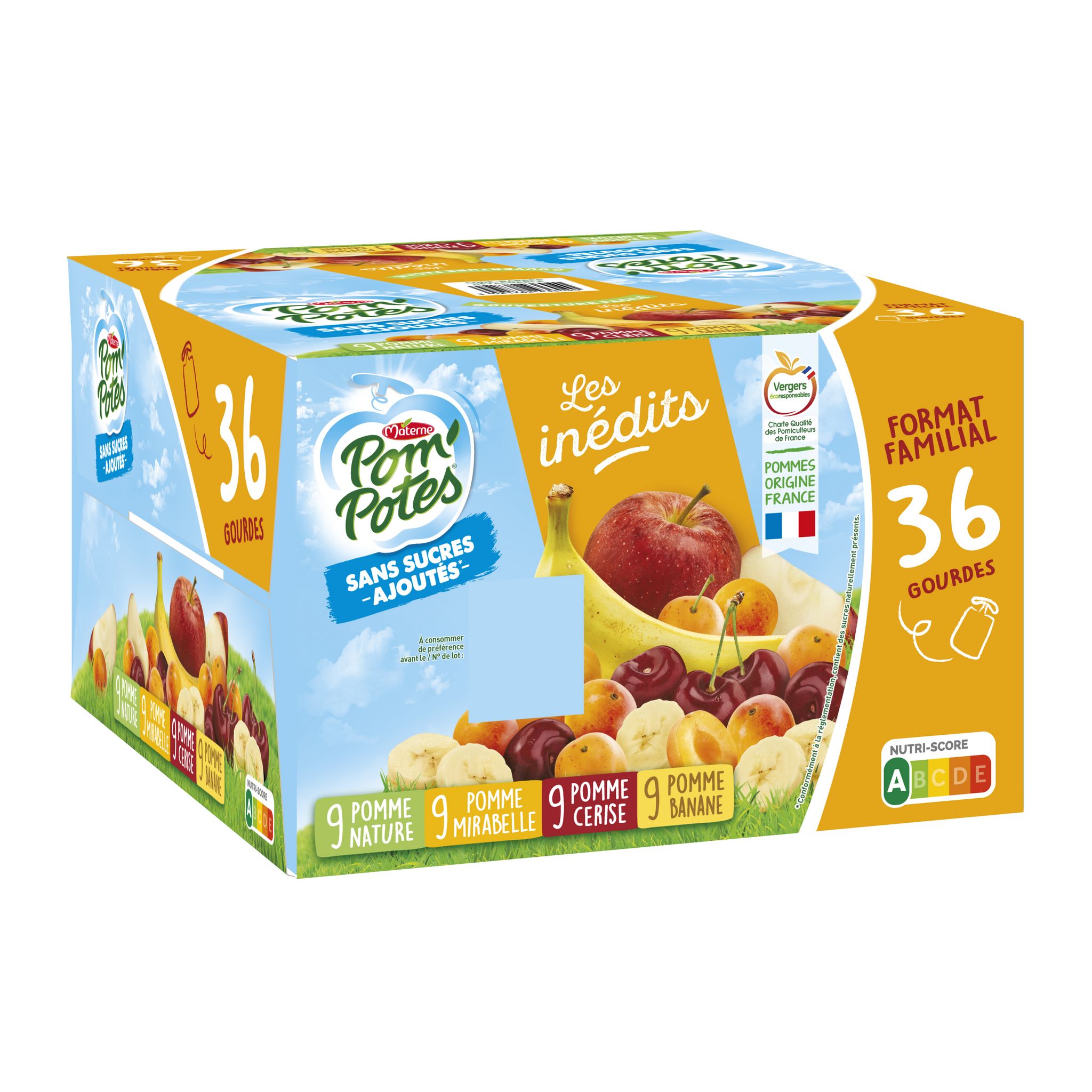 POM'POTES Compotes gourdes sans sucres ajoutés pomme nature et pomme  mirabelle cerise et banane 36 gourdes 36x90g pas cher 