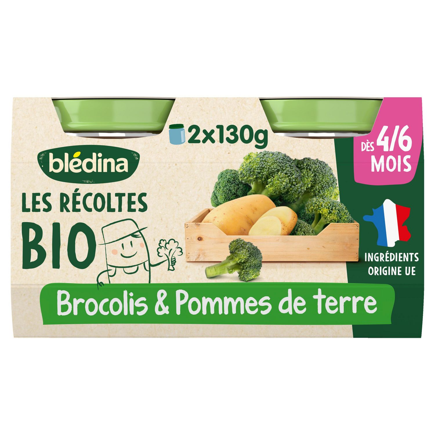 Blédina Les Récoltes Bio, Petits pots pour bébé bio dès 6 Mois, Brocoli  Pommes de Terre Veau, 2x200g