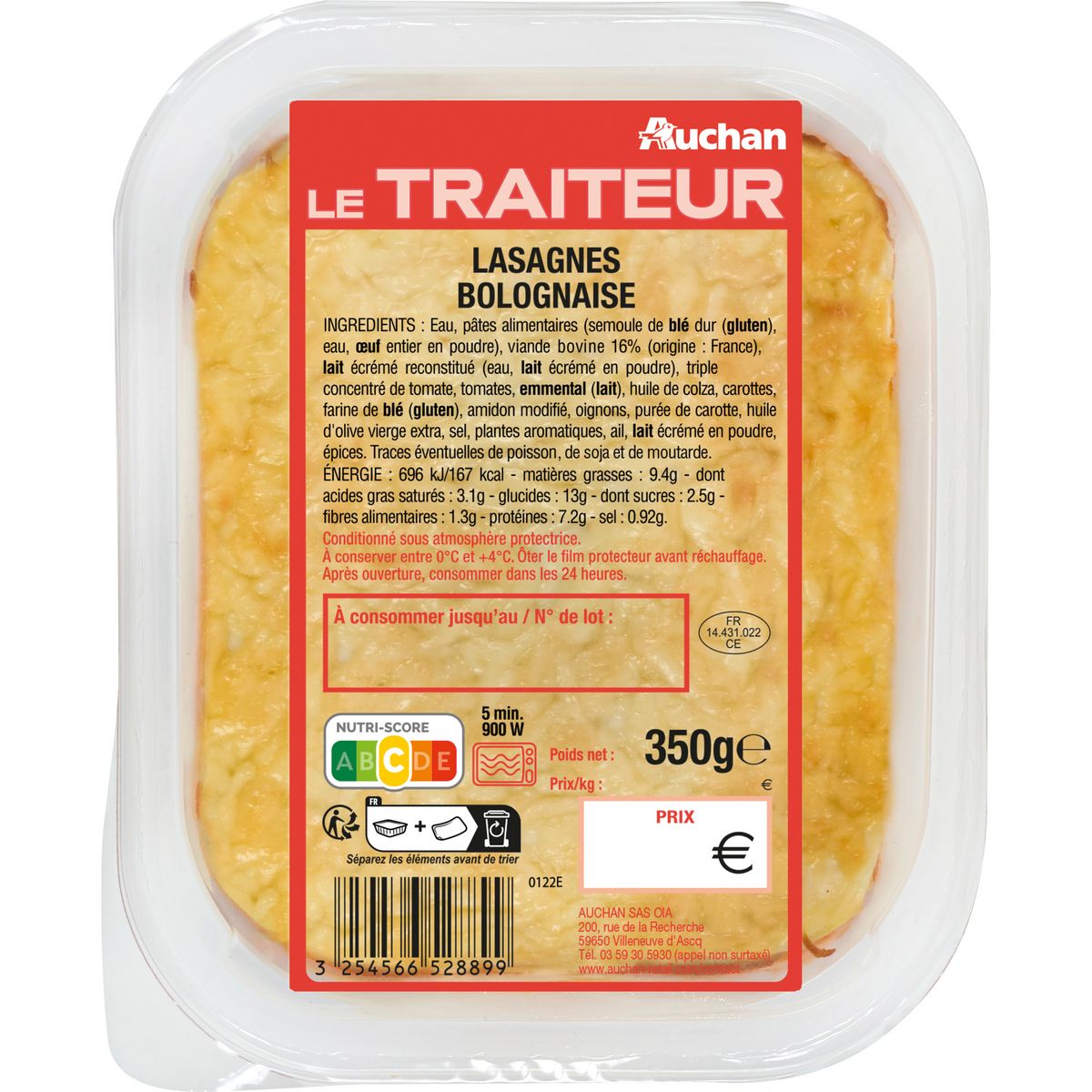 AUCHAN LE TRAITEUR Lasagne à la bolognaise bœuf Charolais 1 portion 350g