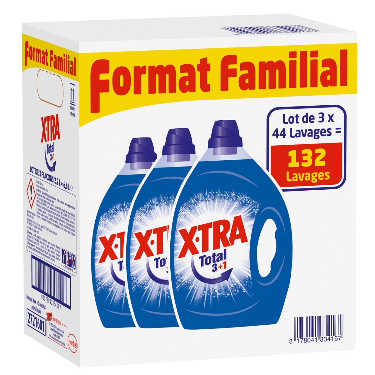 X-TRA Total+ Lessive liquide diluée 132 lavages 3x2,2l pas cher