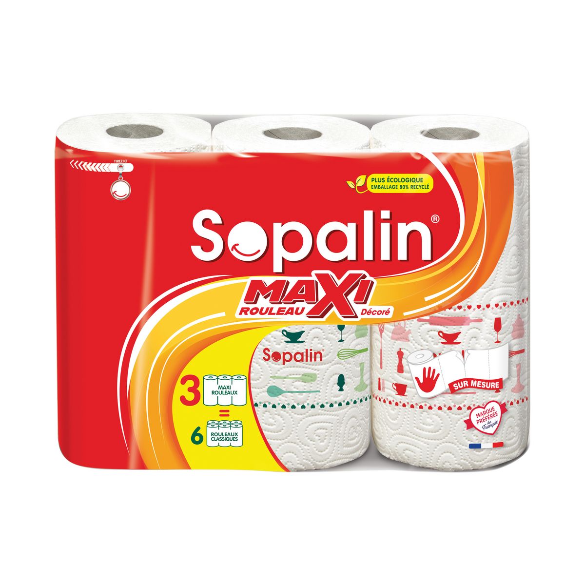 SOPALIN Essuie-tout maxi rouleau décoré 3 rouleaux = 6 rouleaux 3 rouleaux  pas cher 