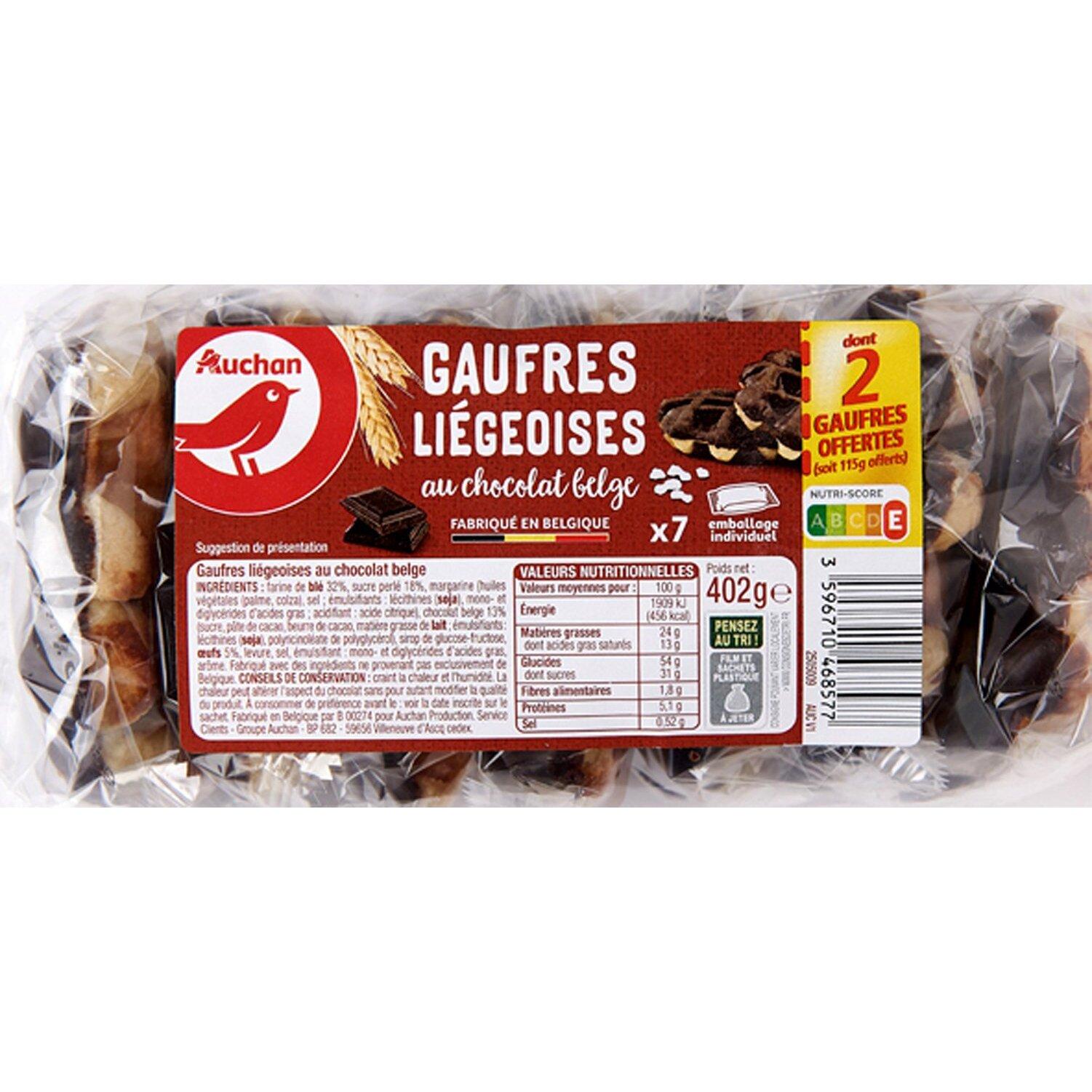 AUCHAN Gaufres moelleuses nappées au chocolat belge, sachets individuels 8  gaufres 296g pas cher 