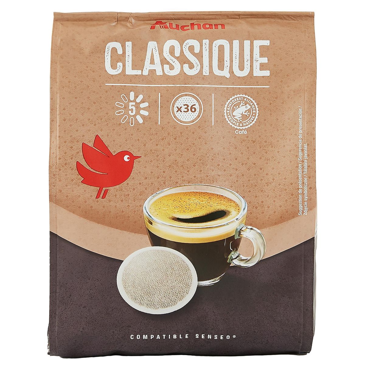 AUCHAN Dosettes de café classique intensité 5 compatibles Senseo 60 dosettes  414g pas cher 