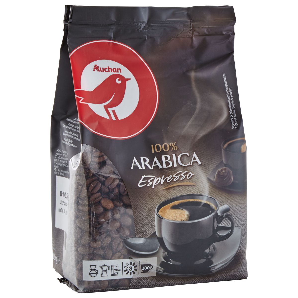 AUCHAN Café en grains espresso 100% arabica intensité 8 500g pas