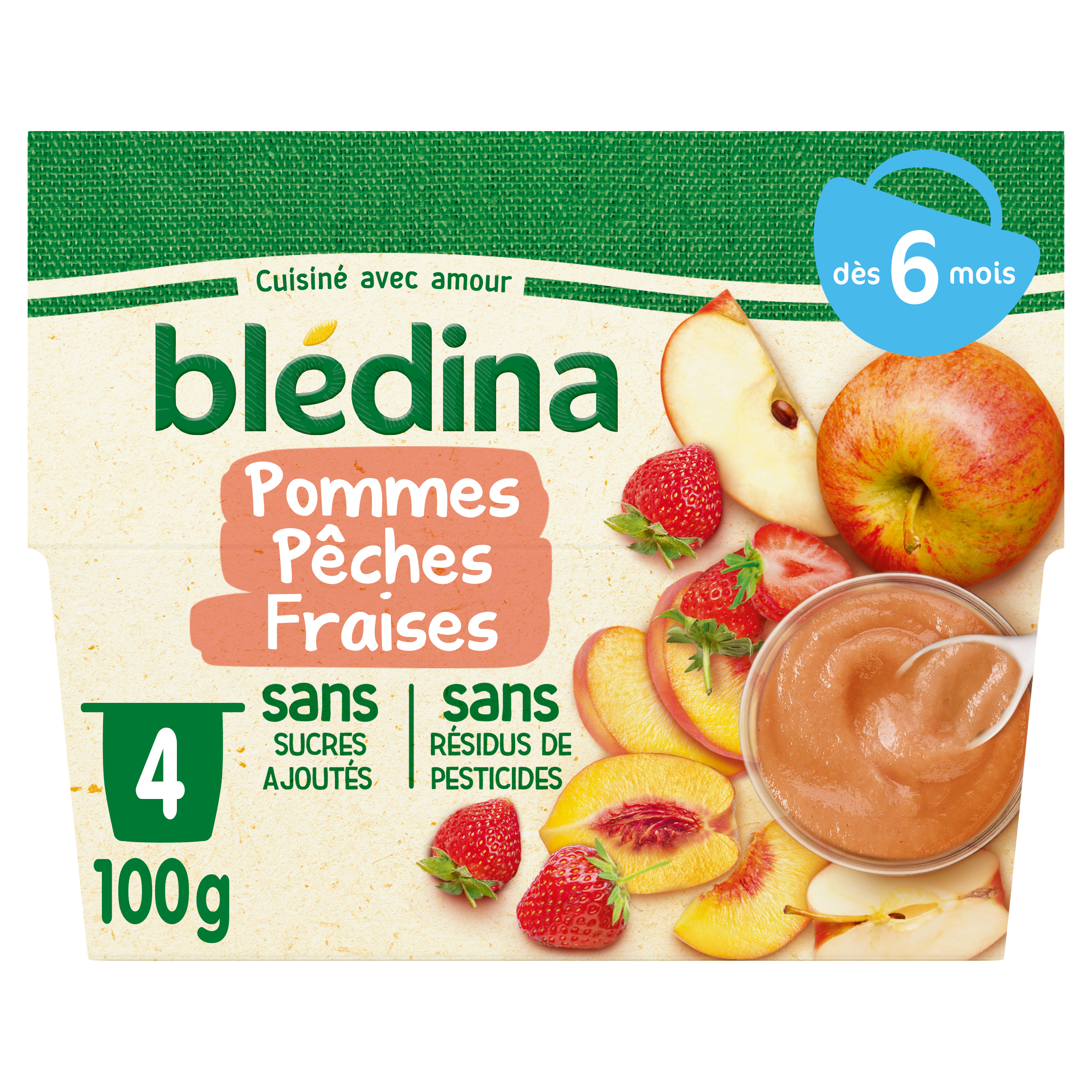 Grossiste Compote bébé dès 4-6 mois pommes pêches 4x130g - BLEDINA