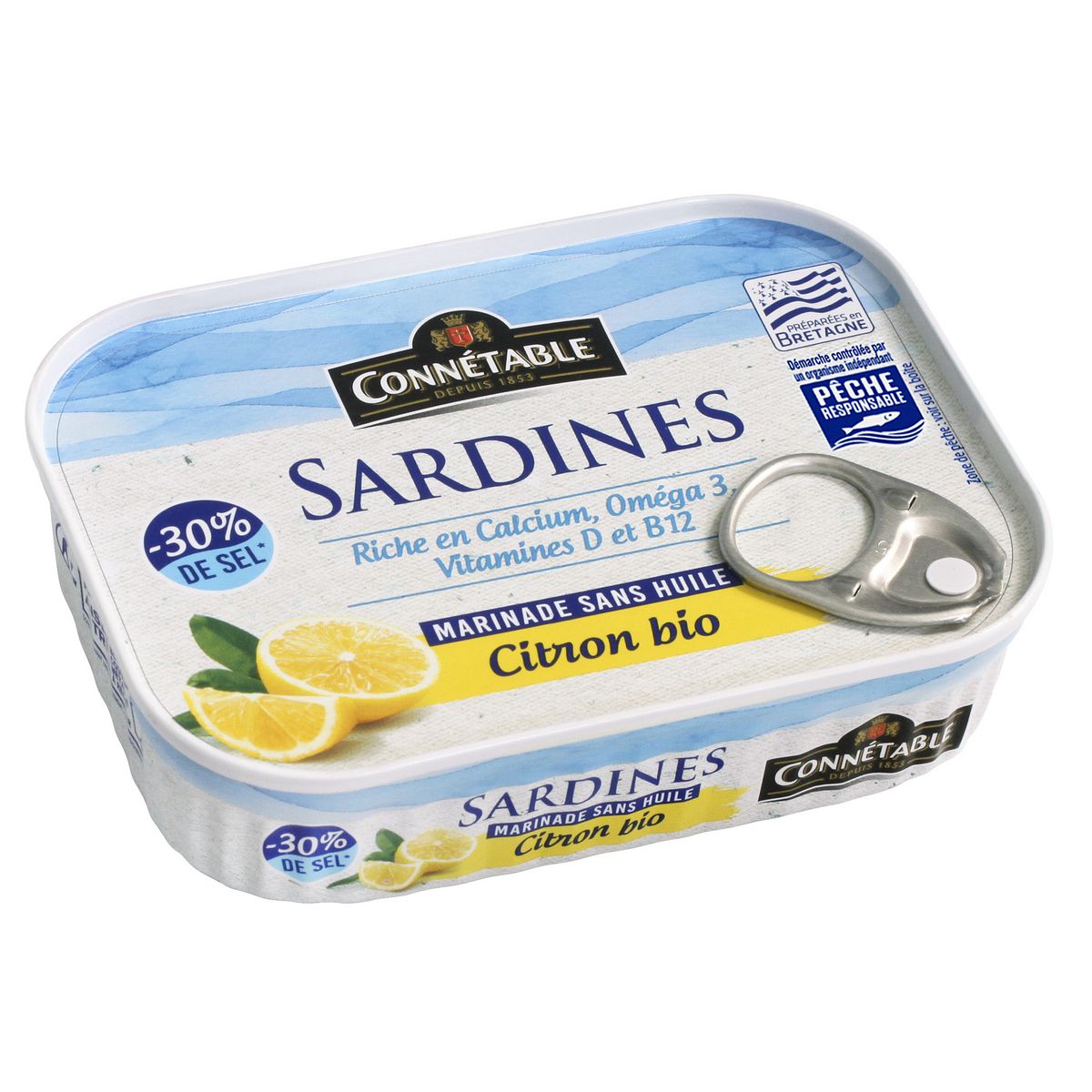 CONNETABLE Sardines au citron bio sans huile -30% de sel préparées en Bretagne 135g