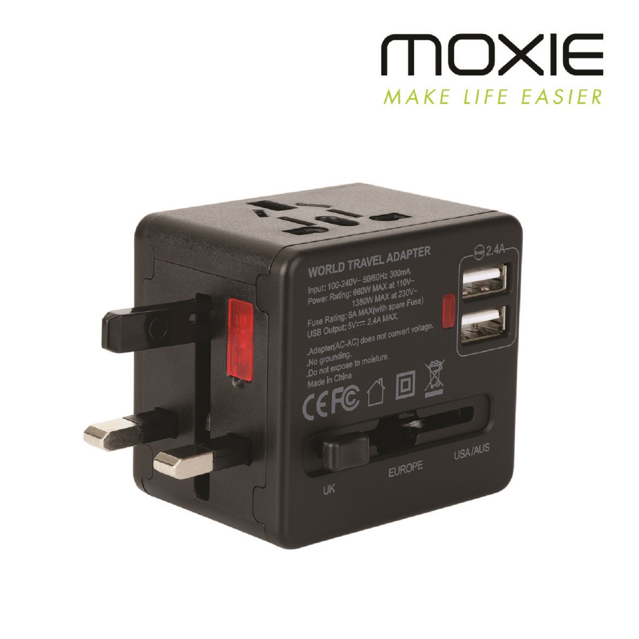 Moxie Adaptateur Prise Universel EU / USA / UK / AUS + 3 USB + 1