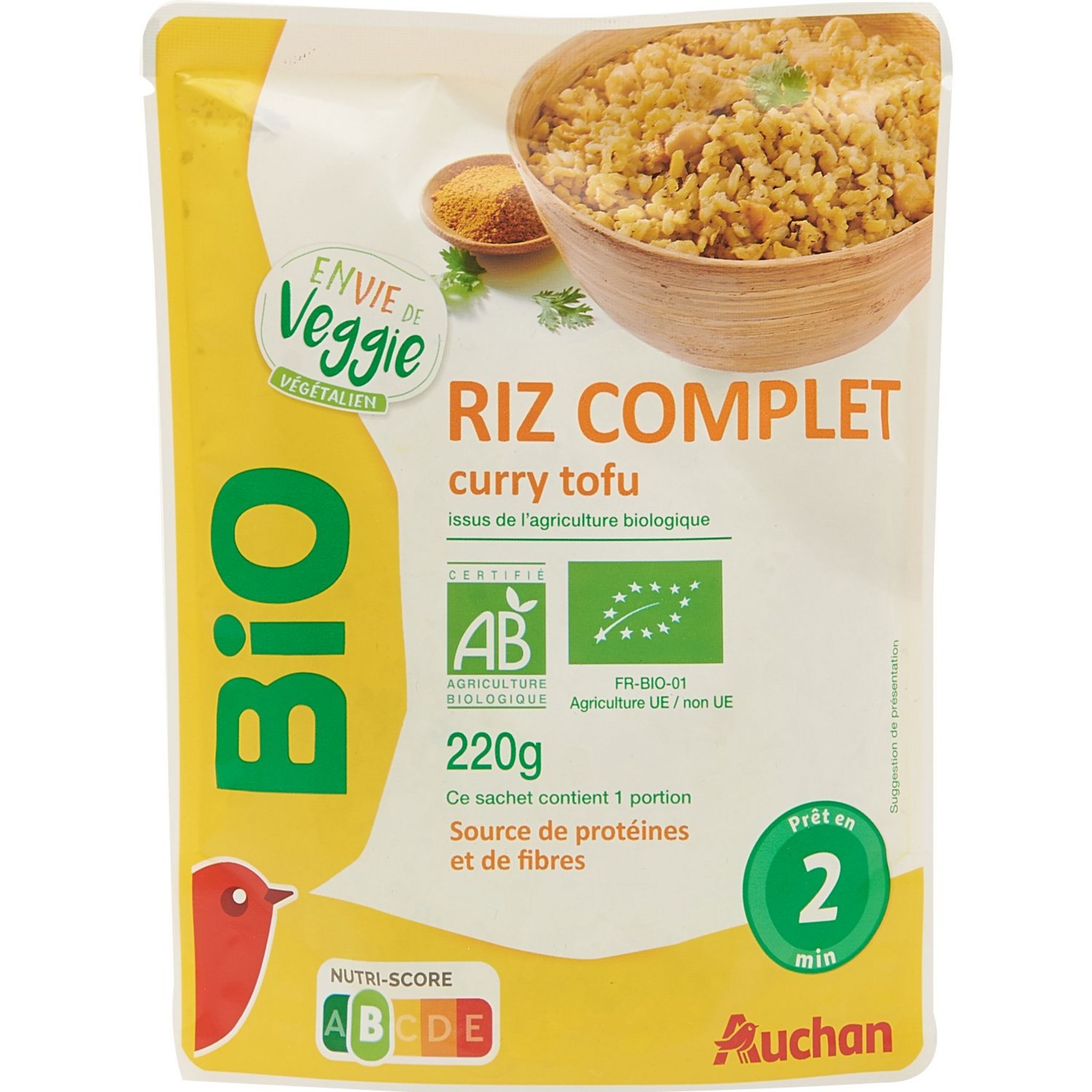 AUCHAN BIO Riz complet au curry et tofu 1 portion 220g pas cher 
