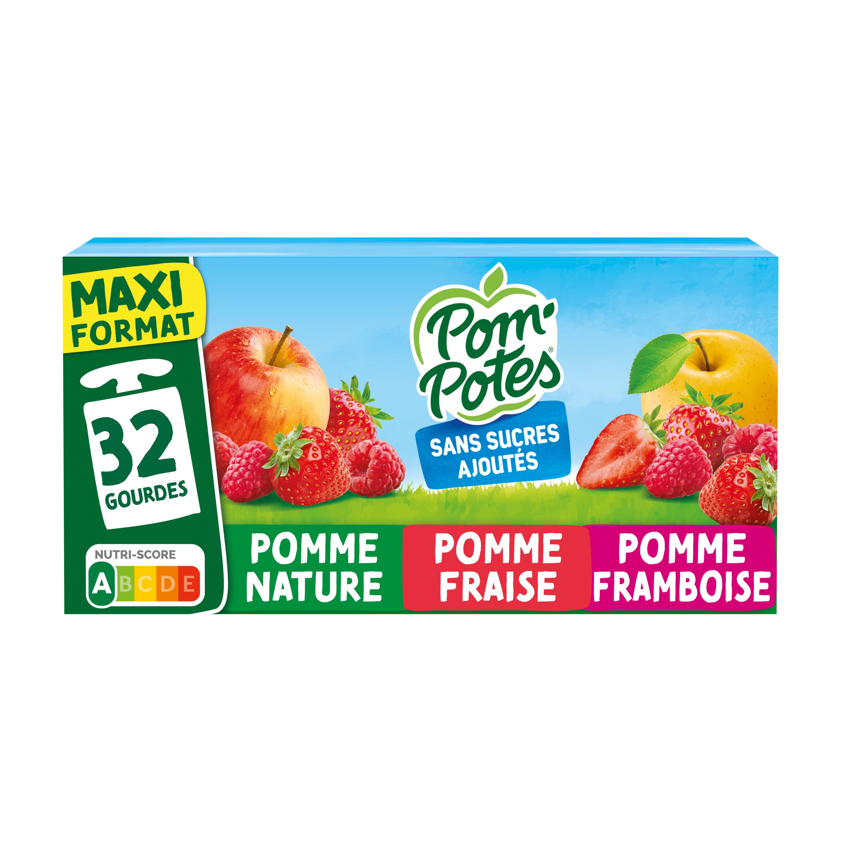 POM'POTES Gourdes compote pomme mûre framboise reine-claude sans sucres  ajoutés 12x90g pas cher 