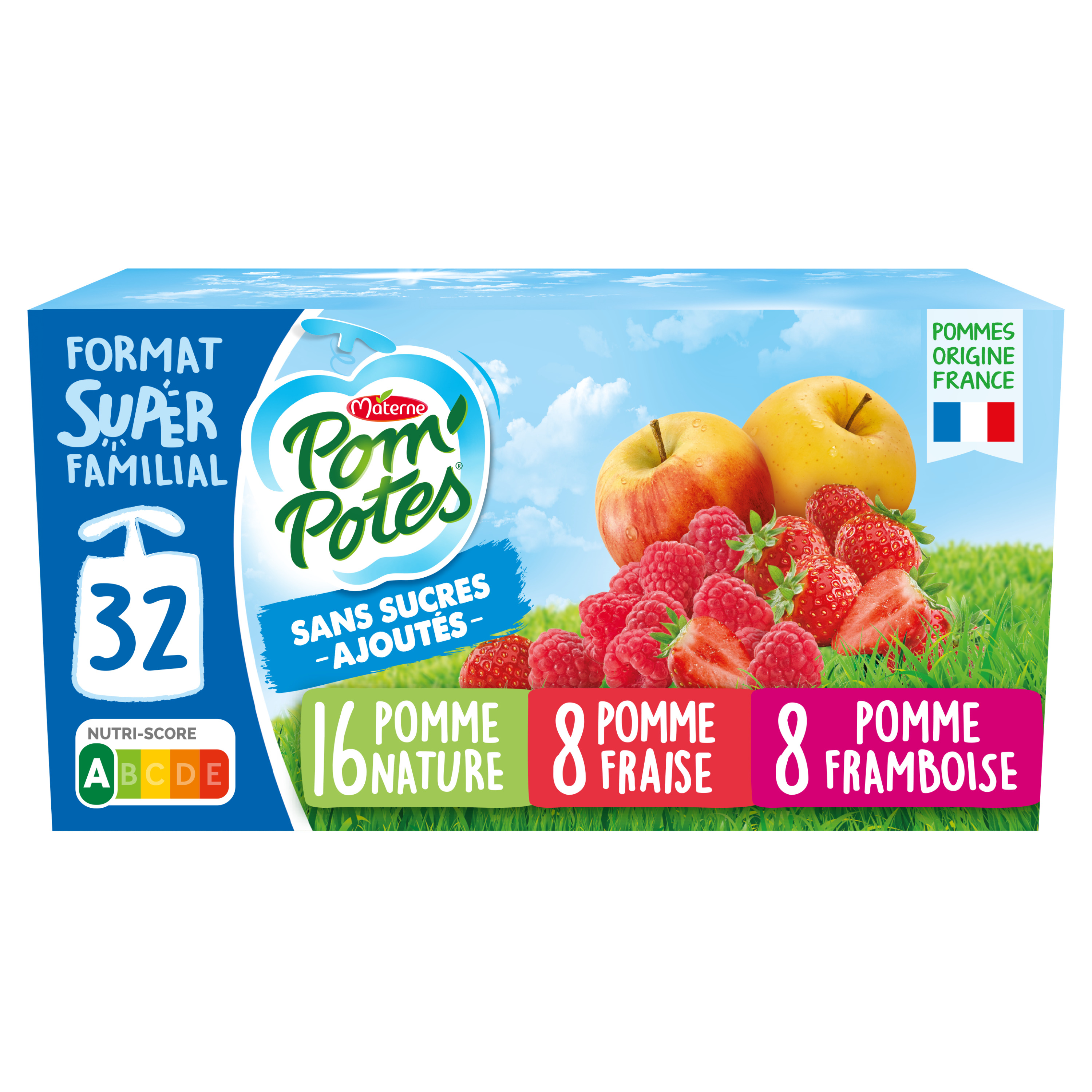 POM'POTES Gourdes compote pomme fraise framboise sans sucres ajoutés 32x90g pas  cher 