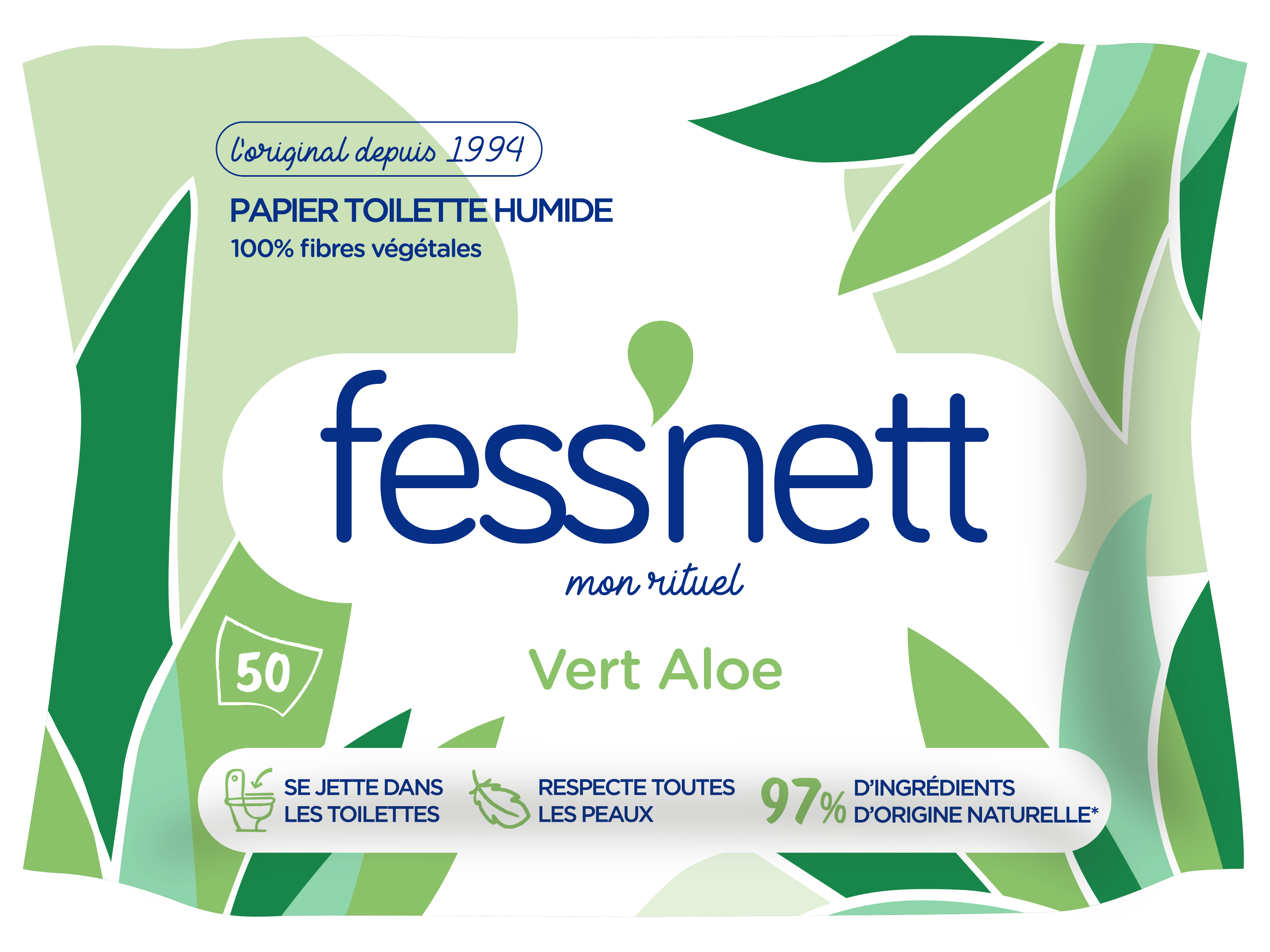 Fess'nett - Papier toilette humidifié vert aloe (50 pièces) en