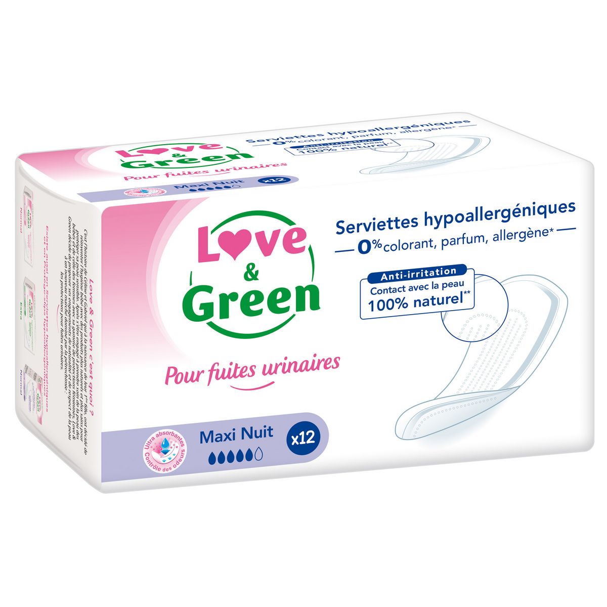 LOVE & GREEN Serviettes pour fuites urinaires hypoallergéniques maxi nuit 12 pièces