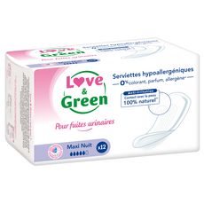 LOVE ET GREEN Serviettes pour fuites urinaires hypoallergéniques maxi nuit 12 pièces