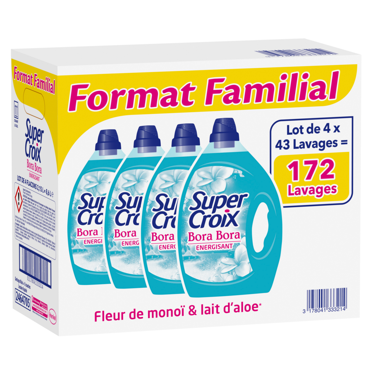 SUPER CROIX Lessive liquide Bora-Bora fleur de monoï et lait d'aloe 172  lavages 4x2,15l pas cher 