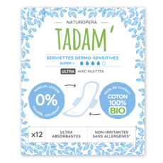 TADAM Serviettes hygiéniques sensitives avec ailettes 100% coton bio super+ 12 serviettes