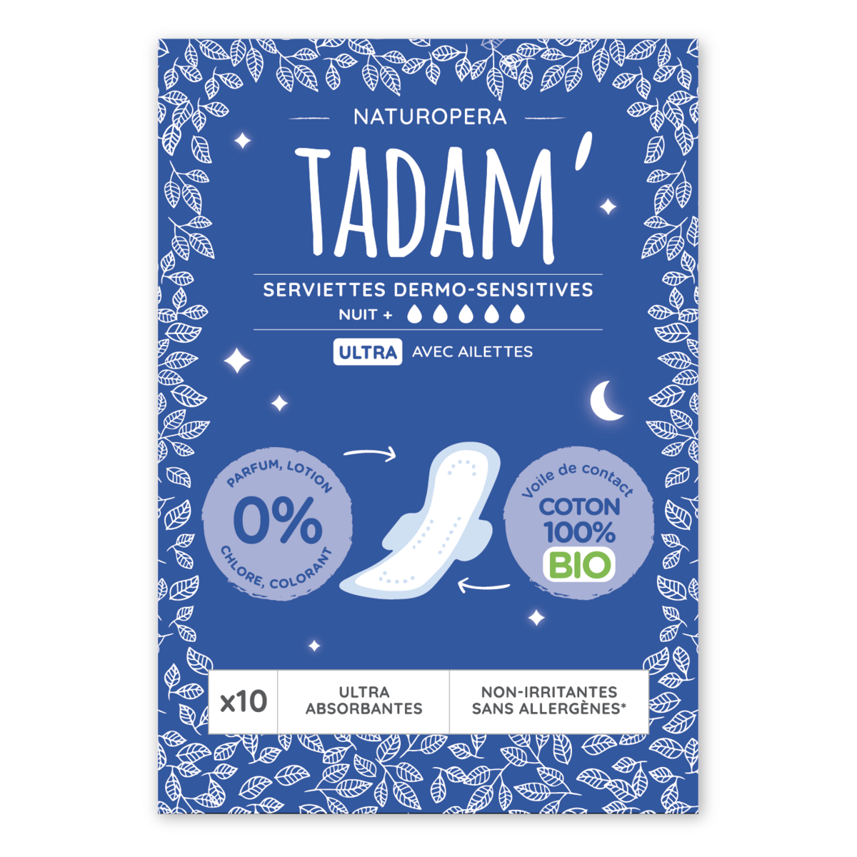 TADAM Serviettes hygiéniques sensitives nuit avec ailettes 100% coton bio ultra 10 serviettes