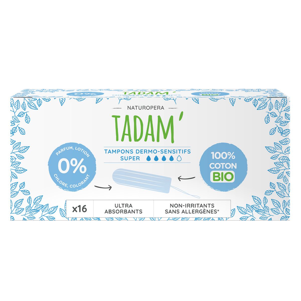 TADAM Tampons en coton bio sans applicateur dermo-sensitif ultra-absorbants super 16 tampons