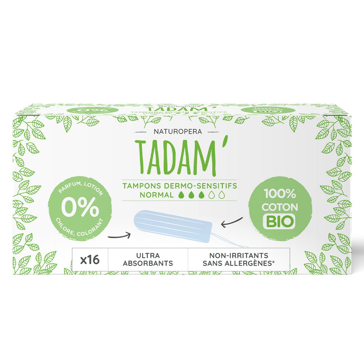 TADAM Tampons en coton bio sans applicateur ultra-absorbant normal 16 tampons