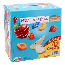 AUCHAN Gourdes pomme fraise abricot poire sans sucres ajoutés 36+12 offertes 48x90g