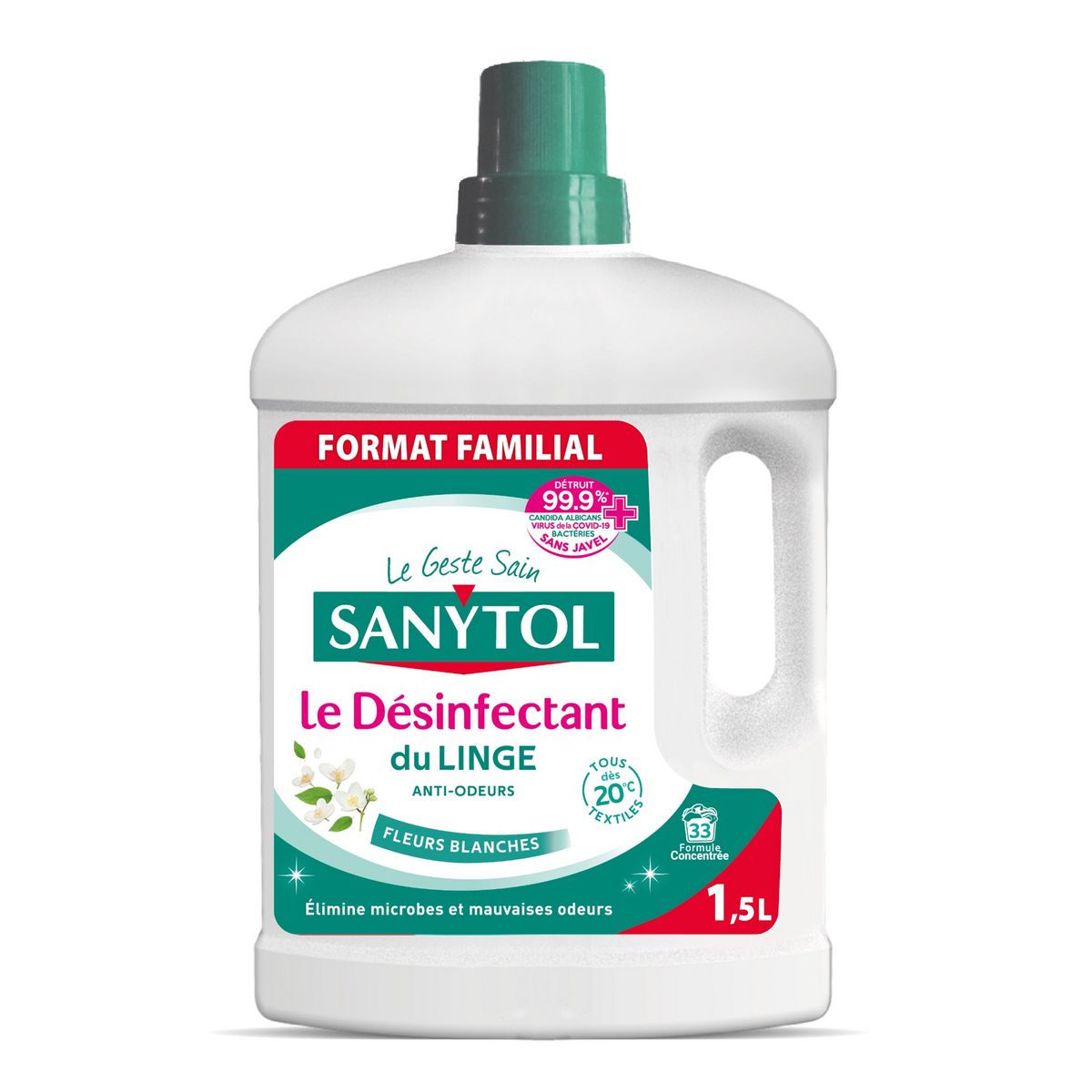 SANYTOL Désinfectant du linge anti-odeurs fleurs blanches Format familial 1,5l