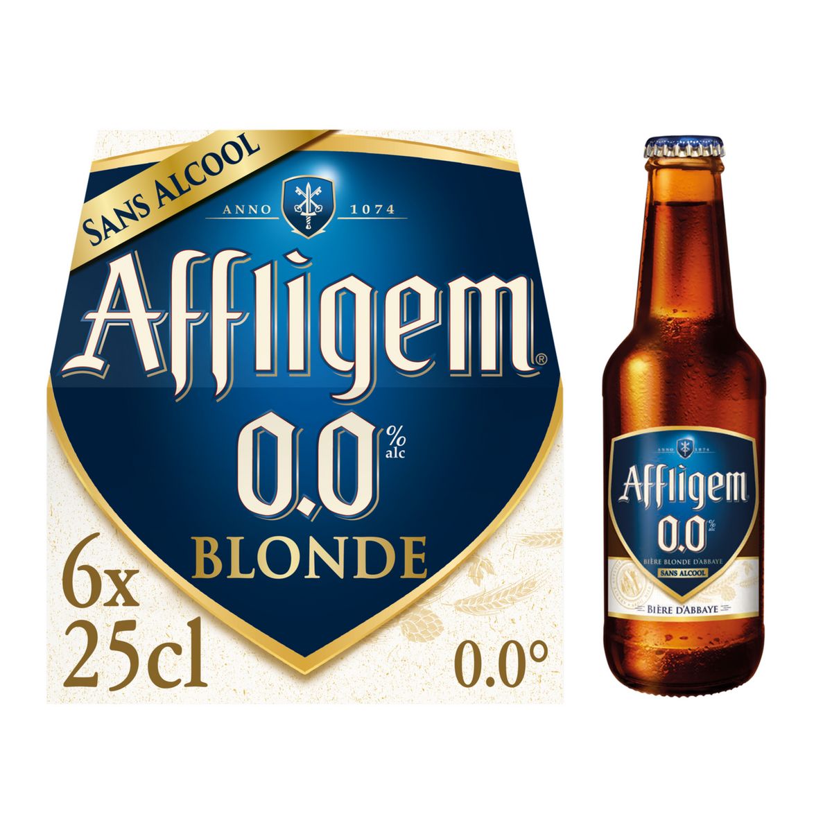 AFFLIGEM Bière blonde belge d'abbaye sans alcool bouteilles 6x25cl