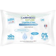 CARRYBOO Lingettes à l'eau pure au calendula bio pour bébé 58 lingettes