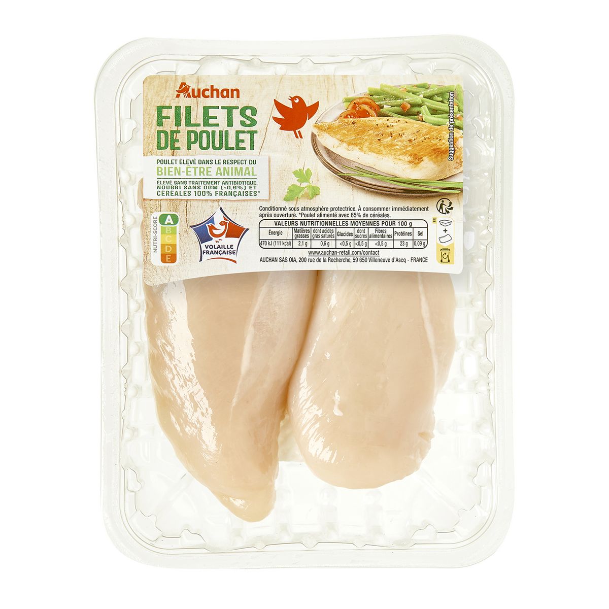 AUCHAN Filets de poulet blanc 2 pièces 260g