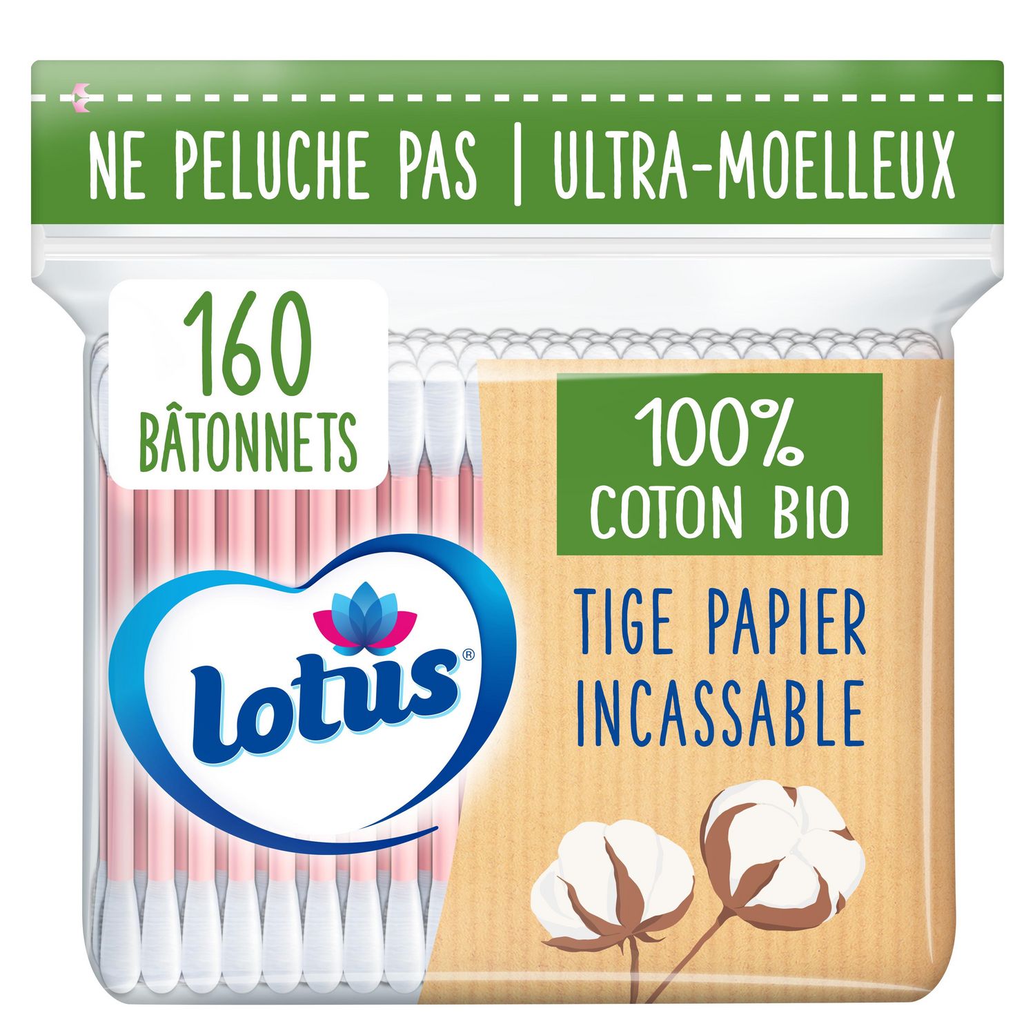 LOTUS Cotons-tiges en sachet 100% coton biologique 160 bâtonnets pas cher 