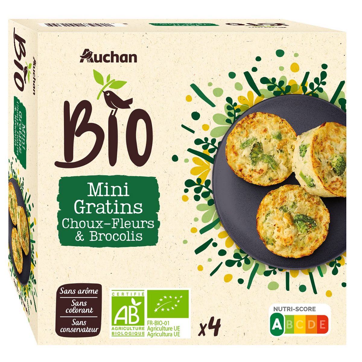 AUCHAN BIO Mini gratin choux-fleurs et brocolis 4 pièces 400g