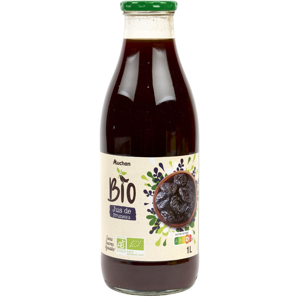 AUCHAN BIO Pur jus de pruneau bouteille verre 1l pas cher 