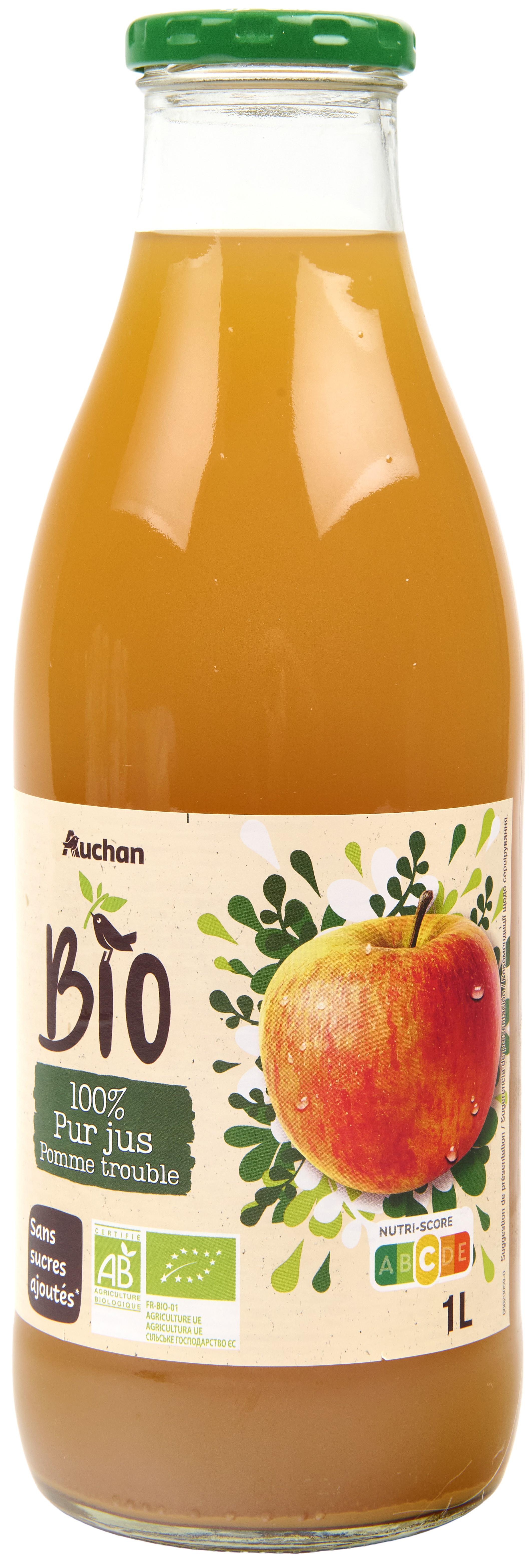 AUCHAN BIO Pur jus de pomme trouble bouteille verre 1l pas cher 