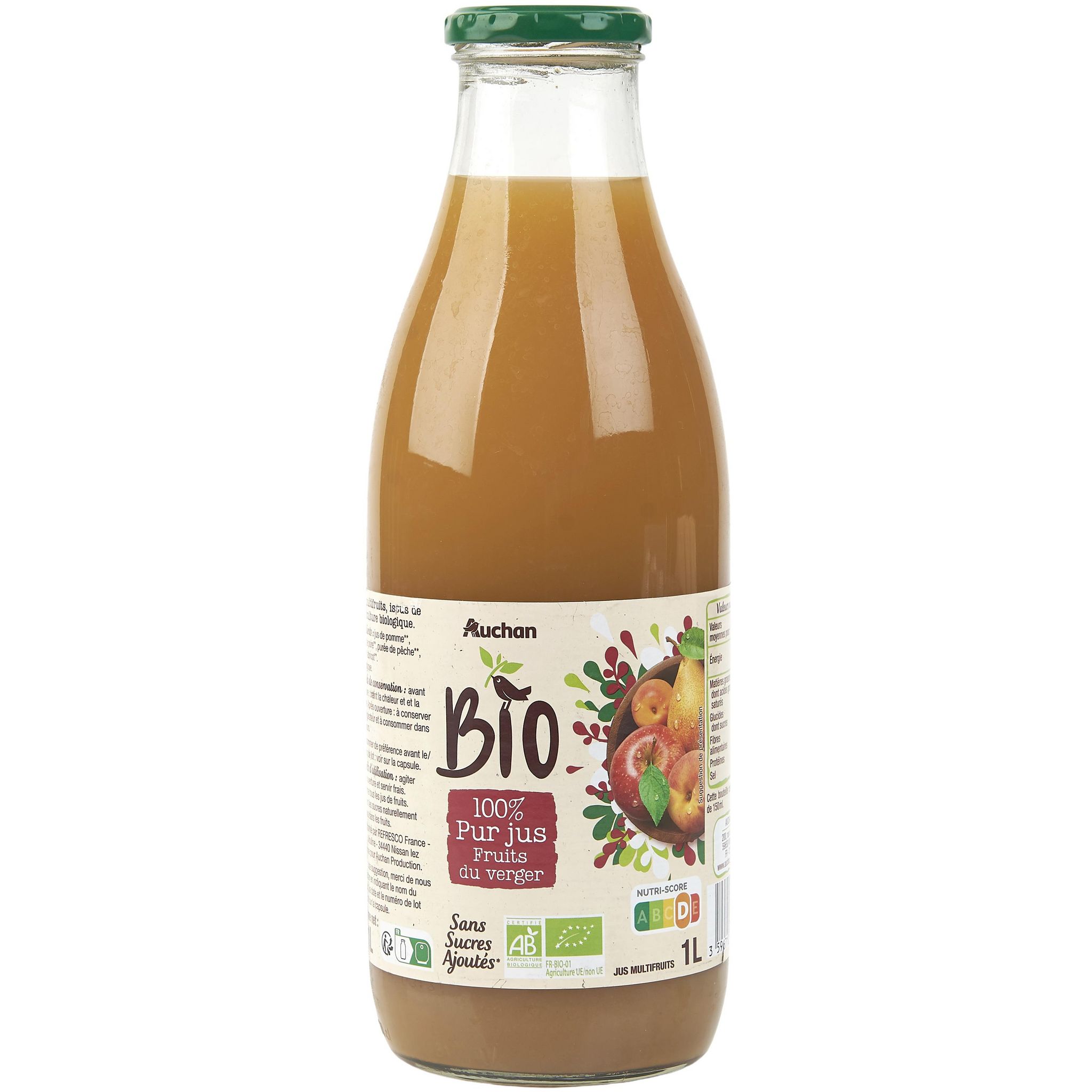 AUCHAN BIO Pur jus de pomme trouble bouteille verre 1l pas cher 