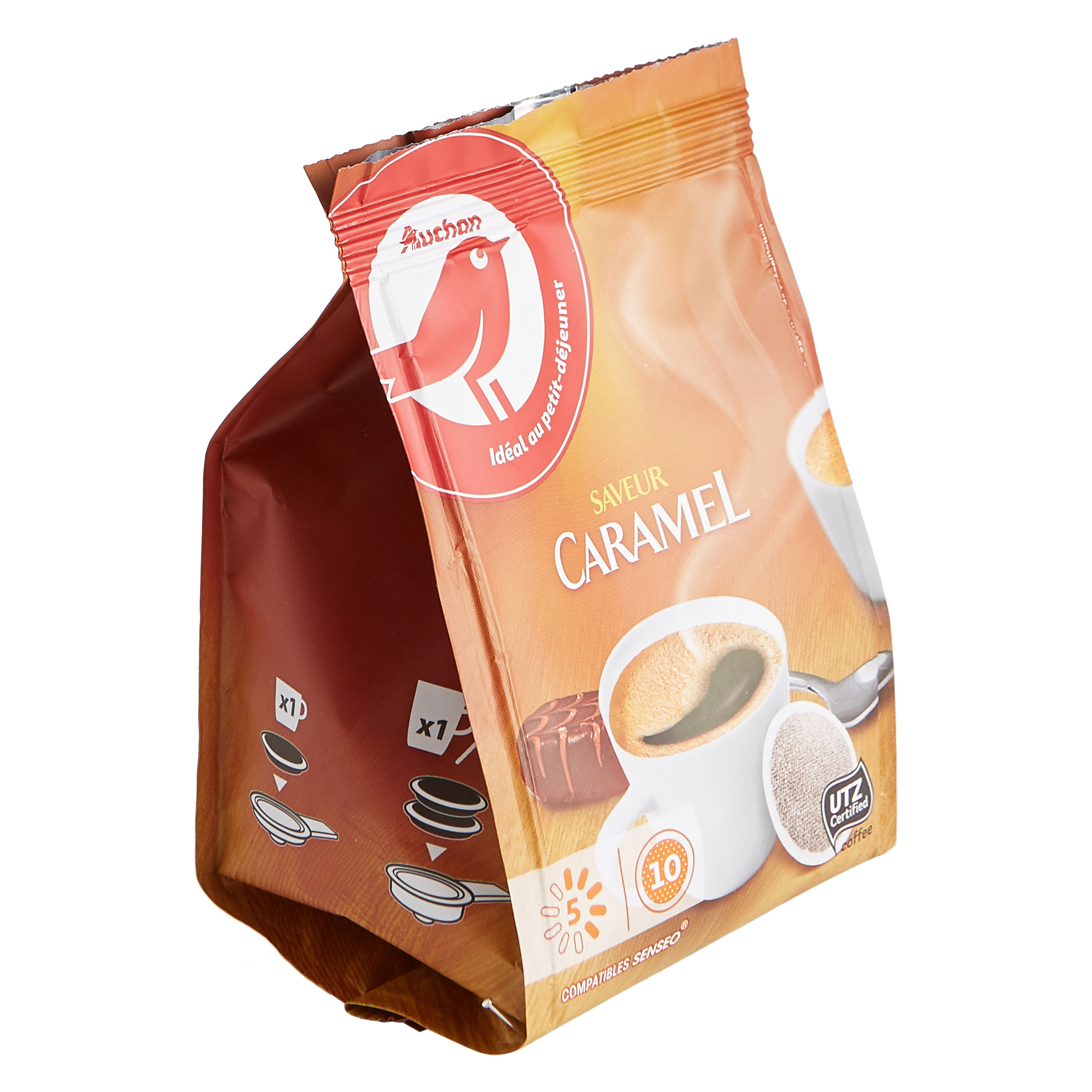 AUCHAN Dosettes de café saveur caramel intensité 5 compatibles Senseo 10  dosettes 70g pas cher 