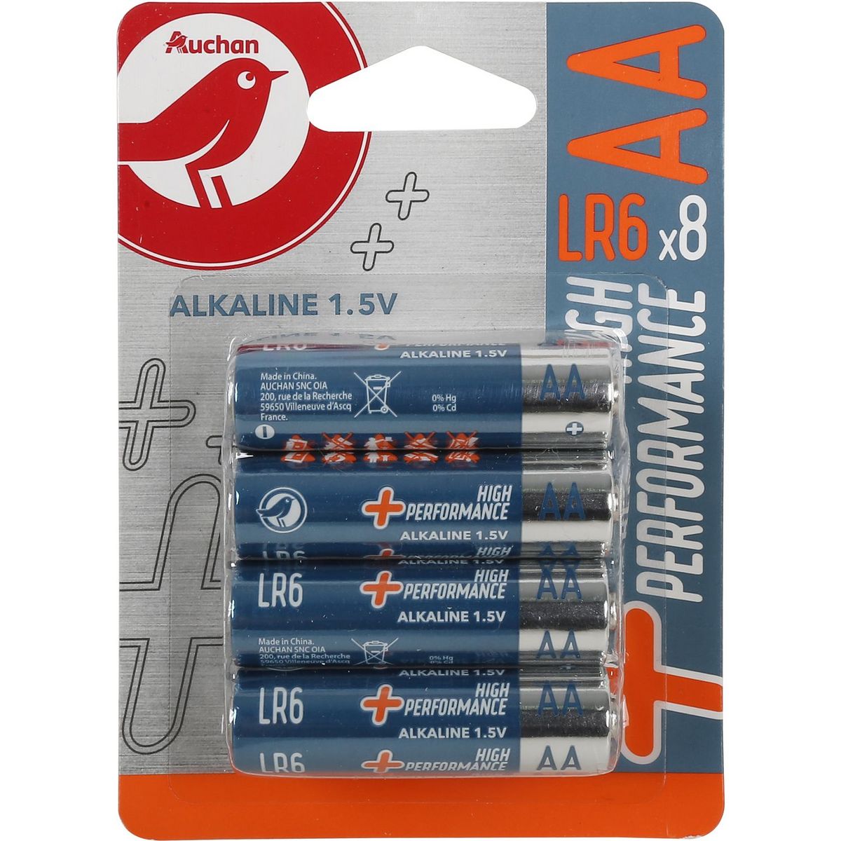 AUCHAN Lot de 8 piles alcaline high performance AA LR06