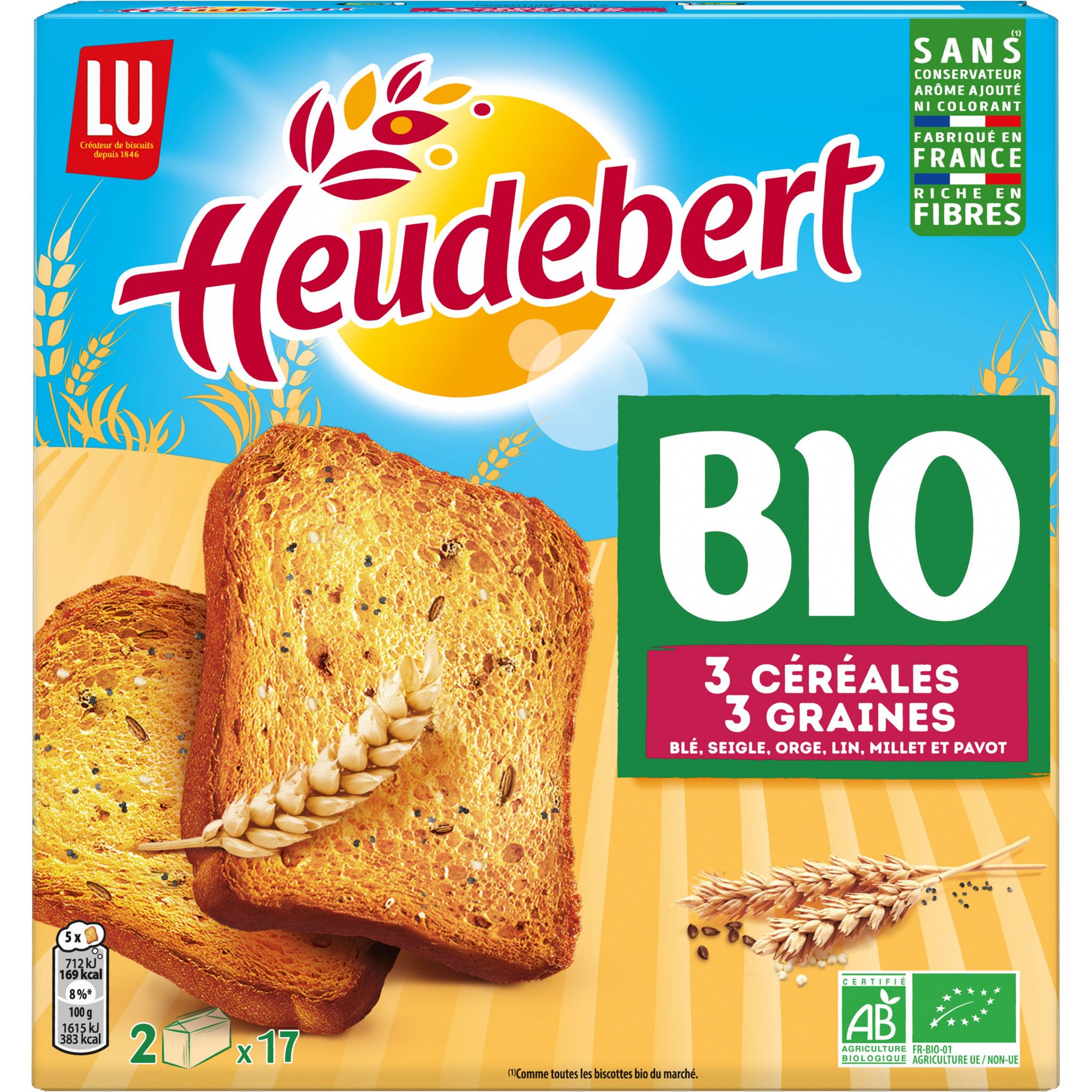 HEUDEBERT Biscottes bio aux 3 céréales et 3 graines 2x18 biscottes 300g pas  cher 