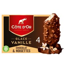 COTE D'OR Bâtonnet glacé à la vanille enrobé de chocolat et noisettes 4 pièces 260g