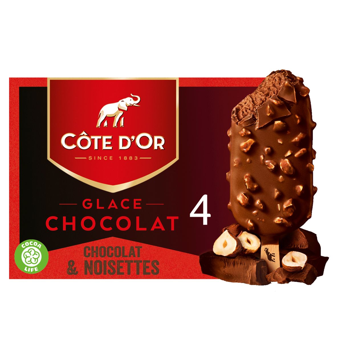 COTE D'OR Bâtonnet glacé enrobé de chocolat au lait et noisettes 4 pièces  260g pas cher 