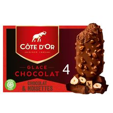 COTE D'OR Bâtonnet glacé enrobé de chocolat au lait et noisettes 4 pièces 260g