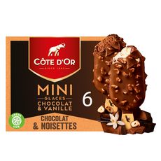 COTE D'OR Mini bâtonnets de glace saveur vanille chocolat et noisette 6 pièces 213g