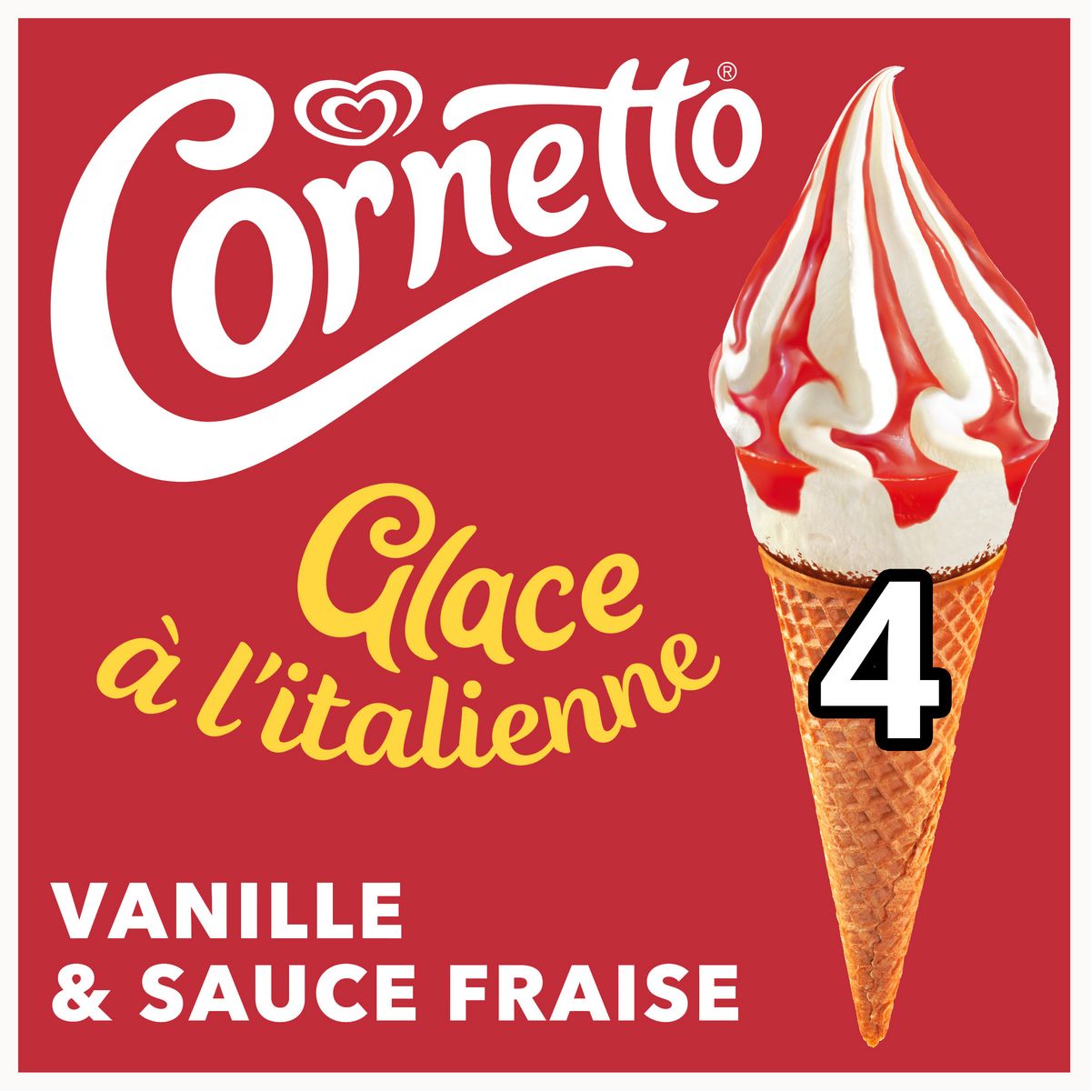 CORNETTO Glace à l'italienne vanille fraise 4 pièces 324g