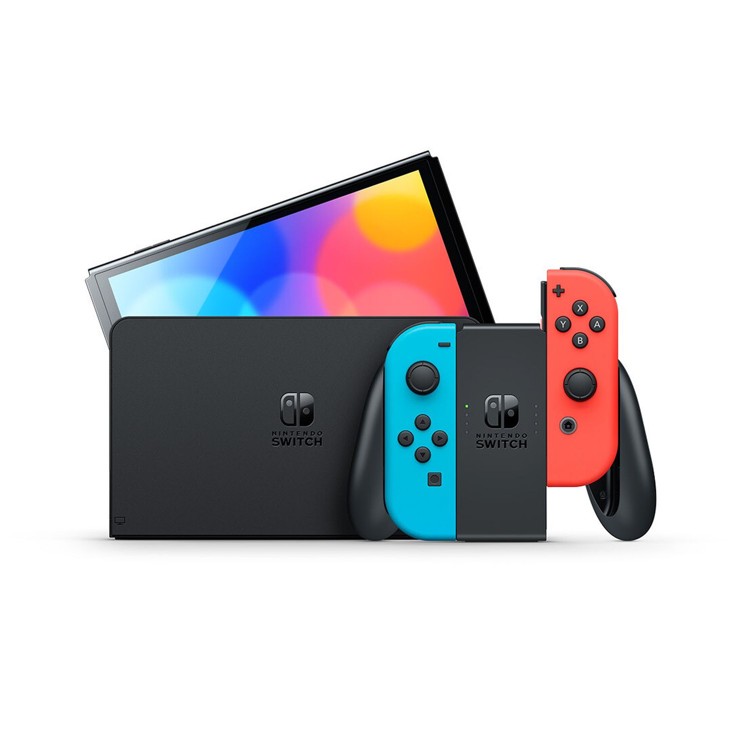 Nintendo Switch OLED avec station d'accueil et manettes Joy-Con bleu néon /  rouge pas cher 