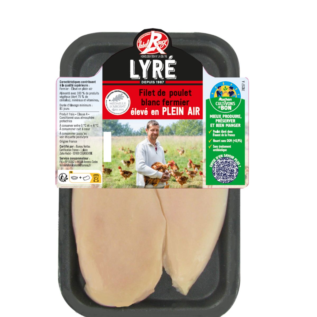 LYRE CULTIVONS LE BON Filets de poulet blanc fermier élevé en plein air  Label Rouge 2 pièces 240g